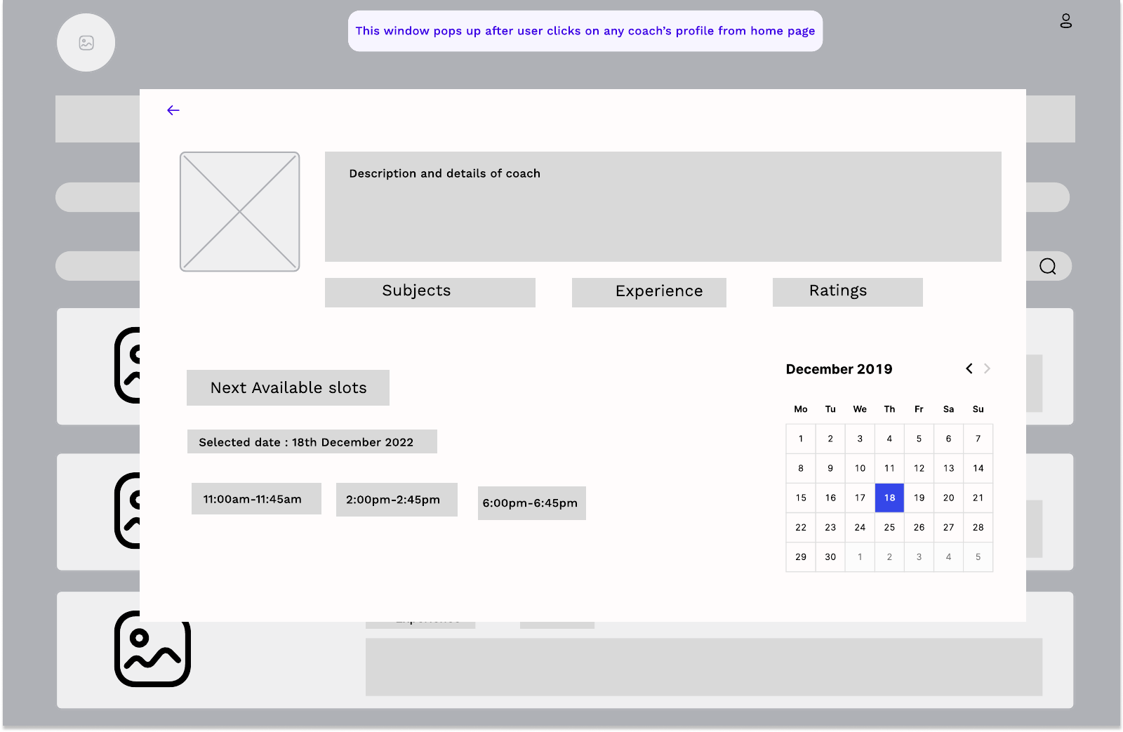 Wireframe of a coach profile pop-up: photo, description, subjects, experience and ratings, a calendar with one date selected, and three available time slots.